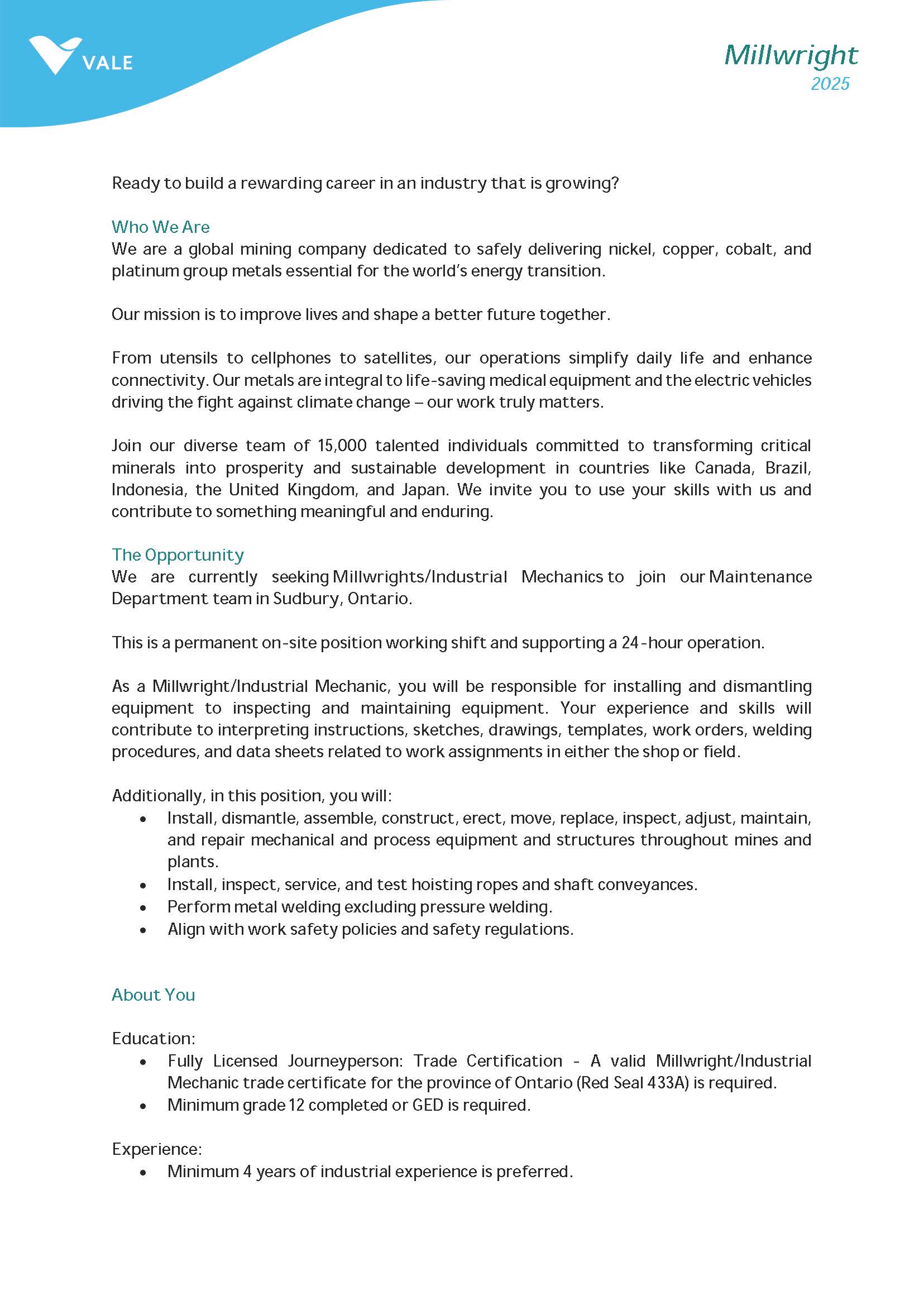 Job Posting Millwright Page 1