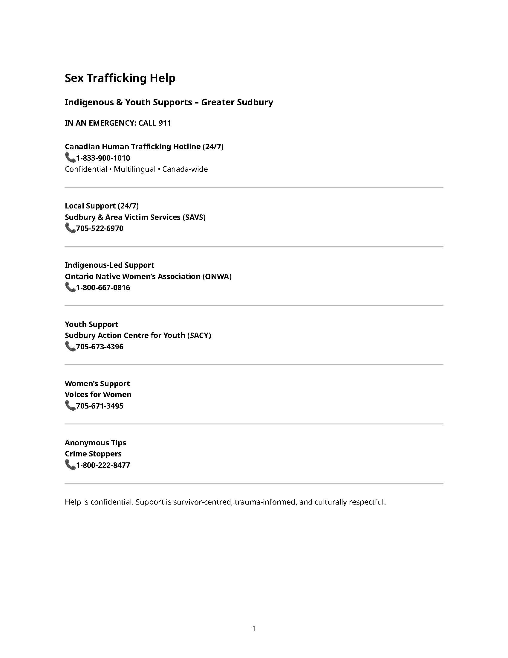 Sex Trafficking Help Wallet Resource Card 1